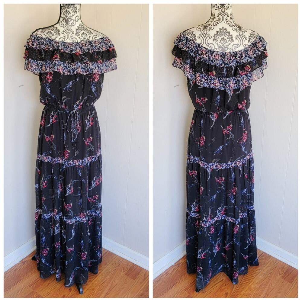 White House Black Market Black Floral Off-Shoulder Ruffle Maxi Dress